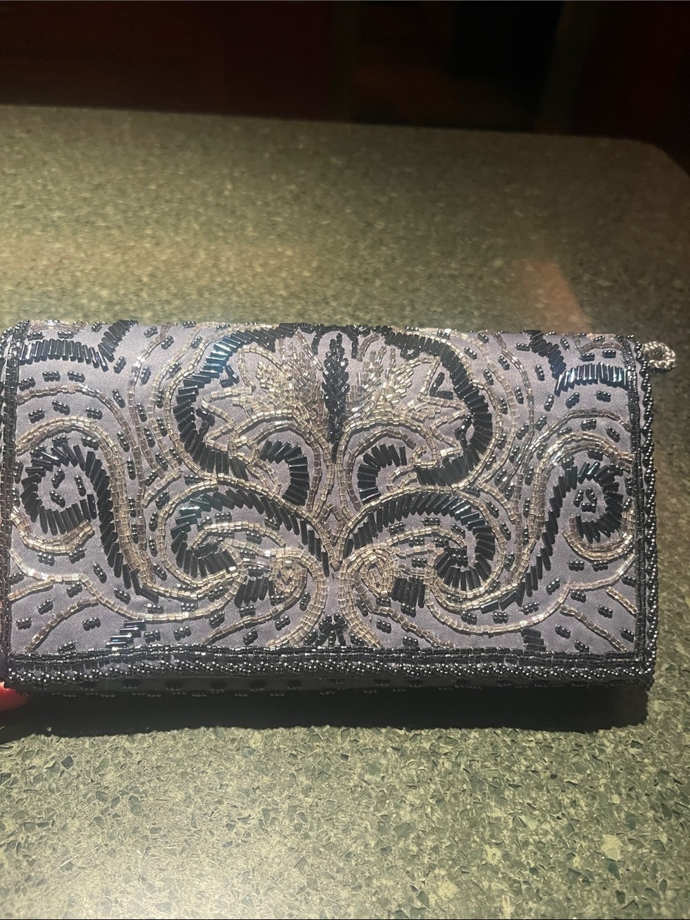 Embellished Beaded Evening Clutch in Silver and navy.